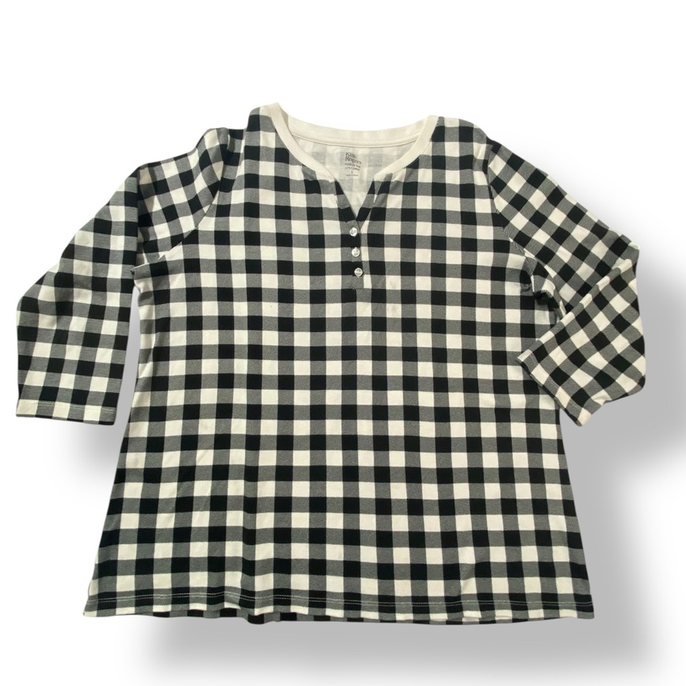 Kim Rogers Perfectly Soft Black White Gingham Henley Top 100% Cotton Size L
